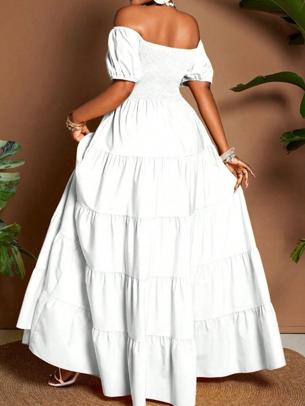 White Boho Women's Plus Size Vacation Off-Shoulder Petal Sleeve maxi Dress - Picture 2 of 8